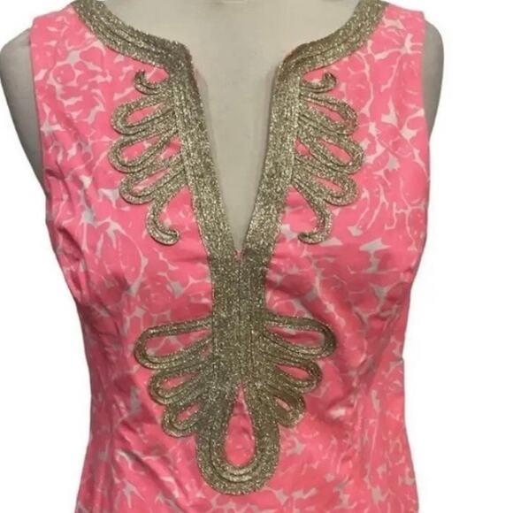 Lilly Pulitzer Janice Coral Pink White Shift Dress Gold Embroidered V Neck Sz 2 - Picture 10 of 11
